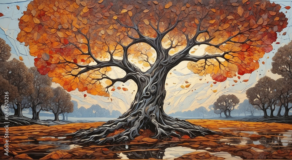 Poster autumn old tree line from gnarly and caved trees in a swamp - ai generative