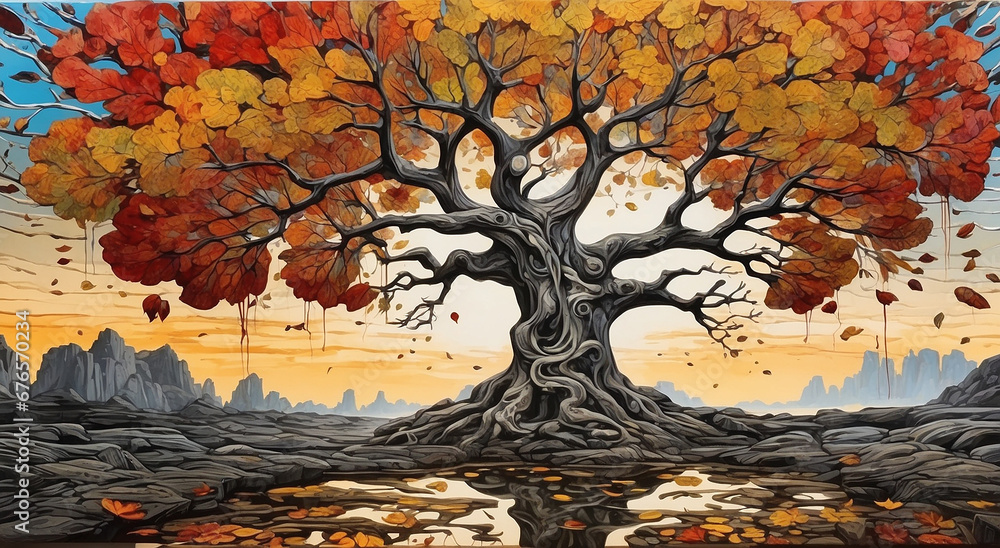 Poster autumn old tree line from gnarly and caved trees in a swamp - ai generative