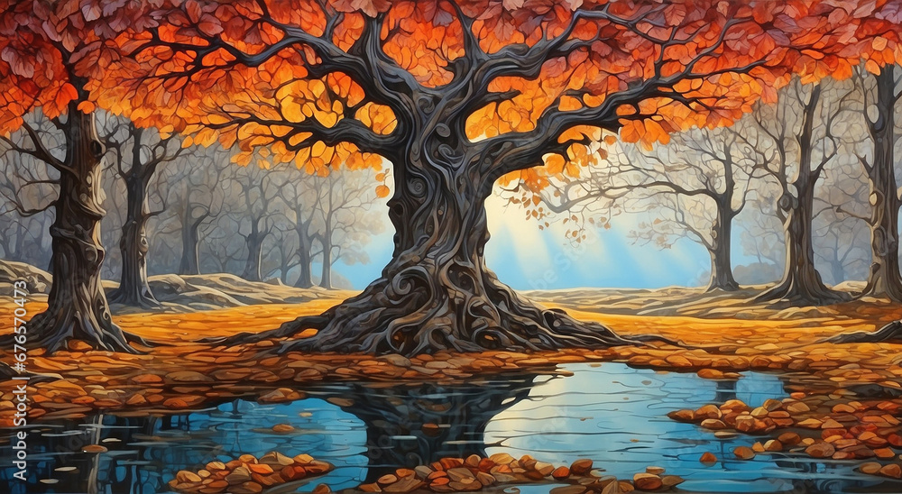 Poster autumn old tree line from gnarly and caved trees in a swamp - ai generative