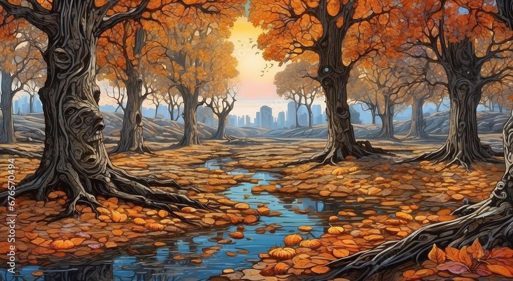 Aufkleber autumn old tree line from gnarly and caved trees in a swamp - ai generative
