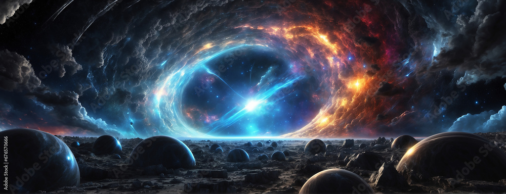 Aufkleber shiny accretion disk orbits a spherical black hole of crystal orbs - ai generative