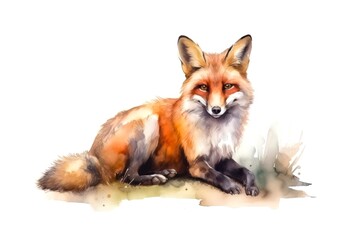 Portrait of a lying red fox on white background in watercolor style.