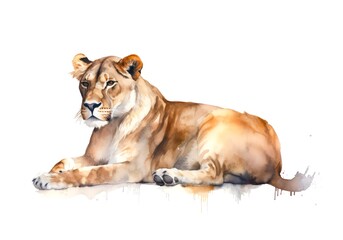 Portrait of a lying lioness on white background in watercolor style. - obrazy, fototapety, plakaty