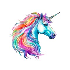 Portrait of a rainbow unicorn on white background in watercolor style.