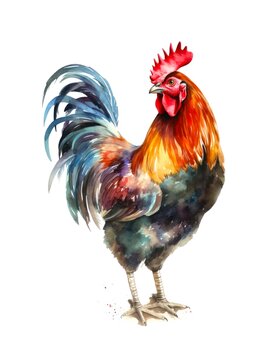 Watercolor illustration of a rooster on white background.