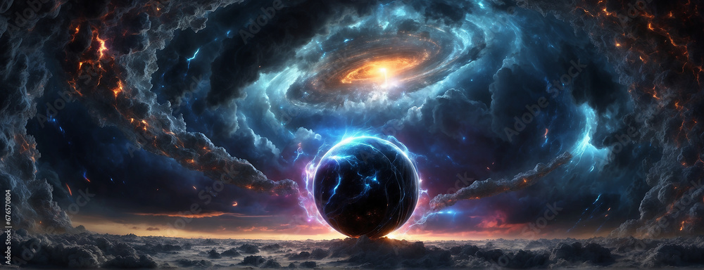 Poster shiny accretion disk orbits a spherical black hole of crystal orbs - ai generative