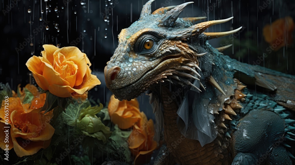 Poster a close up of a statue of a dragon with flowers in the foreground and rain falling on the background