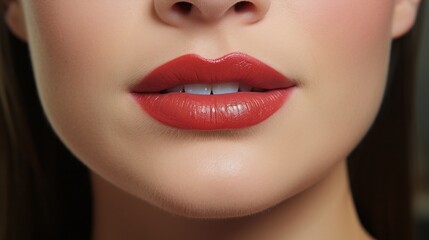 lose-up of beautiful lips. Skin and plump lips with natural red makeup. Part of the face. Makeup concept.