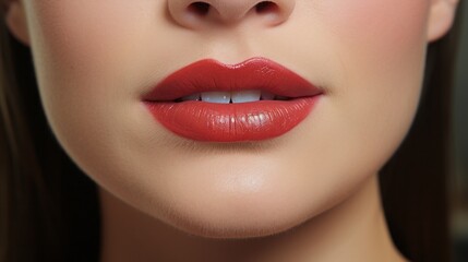 Obraz premium lose-up of beautiful lips. Skin and plump lips with natural red makeup. Part of the face. Makeup concept.