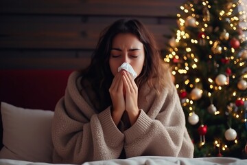 wоman blowing their nose in bed nеar Christmas tree - obrazy, fototapety, plakaty