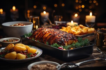 Christmas festive dinner. Holiday roast beef.  - obrazy, fototapety, plakaty