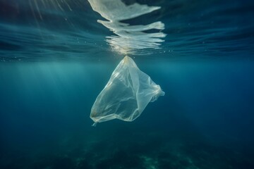 A plastic bag submerged in the ocean, contributing to microplastic pollution. Generative AI - obrazy, fototapety, plakaty