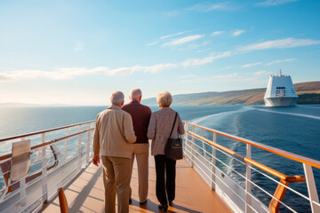 Senior couple walking the deck of a luxury passenger cruise ship. Beautiful aerial view with cruise trip. Generative AI concept
