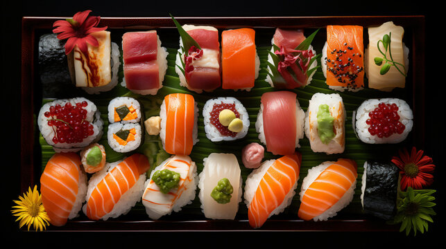 presentation of sushi dishes, sushi view from top, sushi plate, sushi, food, fish, japanese, salmon, rice, seafood, roll, meal, raw, healthy, japan, gourmet, dinner, sashimi, maki, fresh, plate, wasab