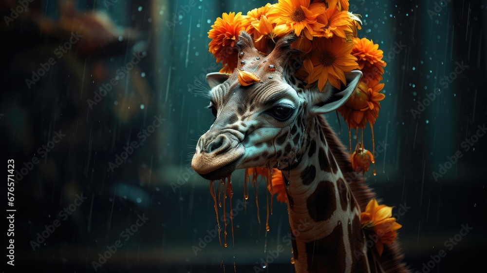 Poster a close up of a giraffe with flowers on it's head and rain falling down on it. generative ai