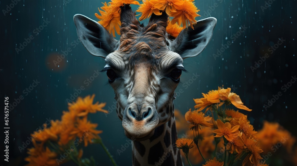 Poster a close up of a giraffe with flowers on it's head and in front of a dark background. generative ai