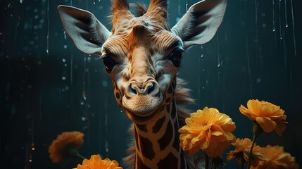  a close up of a giraffe with flowers in the foreground and rain falling down on the background.  generative ai