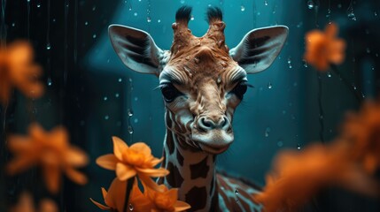 a close up of a giraffe's face with flowers in the foreground and water droplets on the background.  generative ai