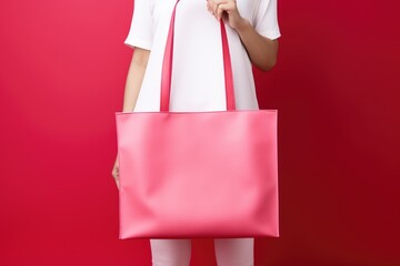 woman in a white outfit holding a large, vibrant red tote bag, set against a striking red background that matches the bag's color - Powered by Adobe