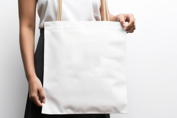 woman in a white sleeveless top and black pants holding a plain tote bag on a white background - obrazy, fototapety, plakaty