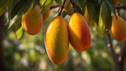 A closeup of a couple of mangoes hanging on a branch with defocused background