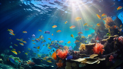 Fototapeta na wymiar underwater view of baja reef exploding with hundreds beautiful colorful fish of all kinds Generative AI