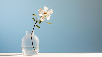  a white flower in a glass vase on a white table against a blue background with a single stem sticking out of the top of the vase.  generative ai
