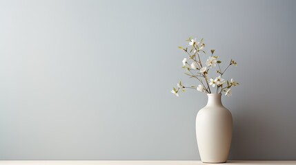  a white vase filled with white flowers on top of a wooden table in front of a gray and white wall.  generative ai