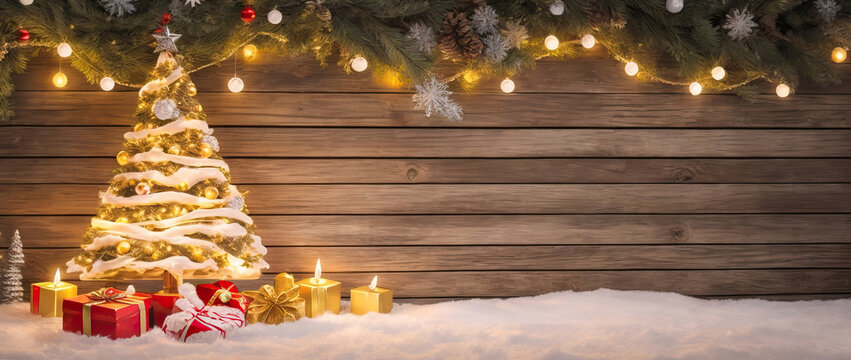 Christmas tree with ornaments, new year gift, present boxes for decorations on a wooden background.