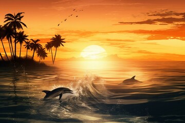 Obraz premium sunset landscape featuring dolphins and palm trees. Generative AI