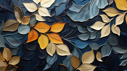  a close up of a painting of leaves on a blue and yellow background with orange and yellow leaves on the left side of the image.  generative ai