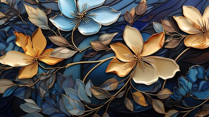  a close up of a painting of flowers on a blue and gold background with leaves and flowers on the bottom of the picture.  generative ai