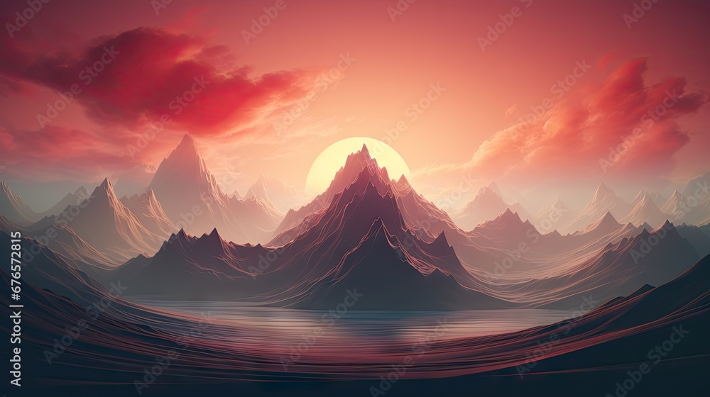 Poster a painting of a mountain range with the sun setting in the background and a body of water in the for