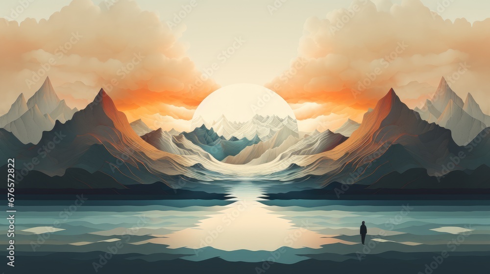 Poster a painting of a man standing in the middle of a lake with mountains in the background and a sunset i