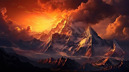  a painting of a mountain range with a sunset in the background and clouds in the sky over the top of the mountain.  generative ai