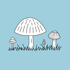 Mushroom Vector hand drawn illustration, mushroom isolated on blue background, single mushroom