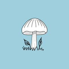 Mushroom Vector hand drawn illustration, mushroom isolated on blue background, single mushroom