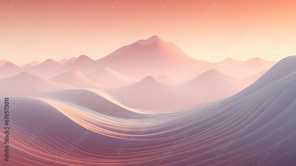 Poster a view of a mountain range in the distance with a pink sky in the foreground and a pink and orange s