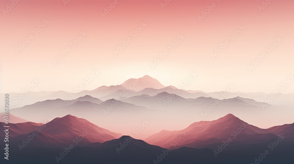 Poster a view of a mountain range in the distance with a pink sky in the foreground and a pink sky in the b