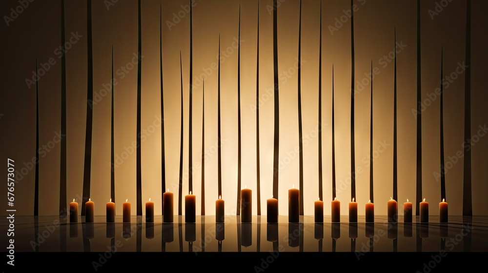 Poster a group of candles sitting next to each other in front of a wall with sticks sticking out of it's si