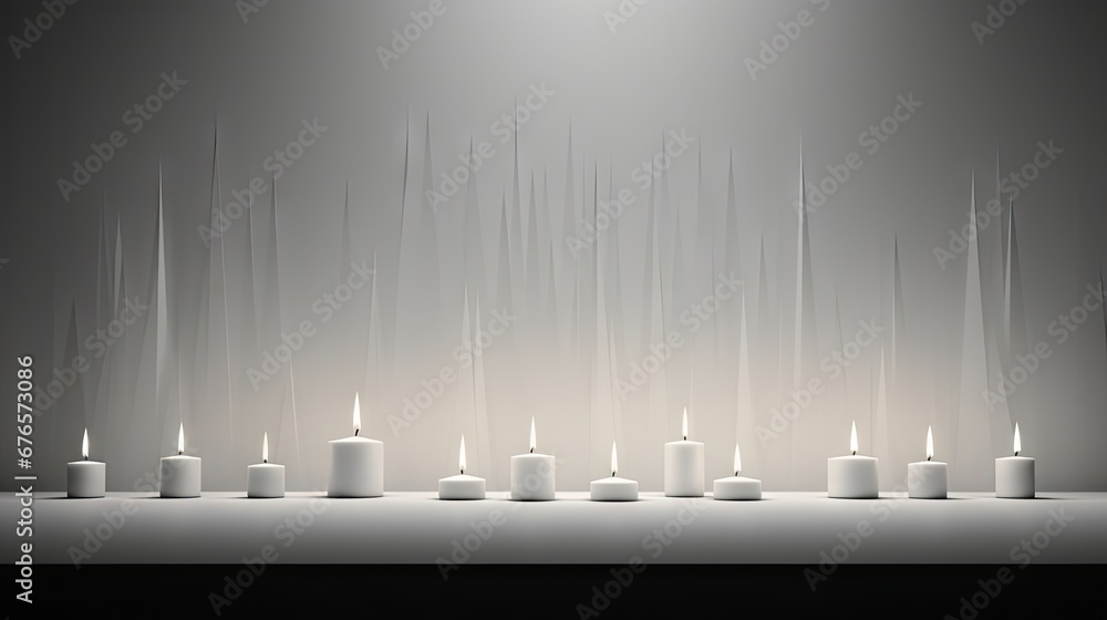 Poster a row of lit candles sitting on top of a table next to each other in front of a white wall. generati