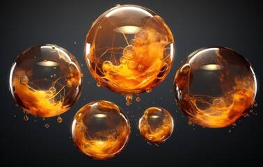 A cluster of shining translucent amber spheres with intricate internal patterns on a black background