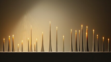  a group of tall candles sitting on top of a table next to a row of smaller candles on a shelf.  generative ai