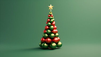 Fototapeta premium green red ornaments Christmas tree with golden star a on green background