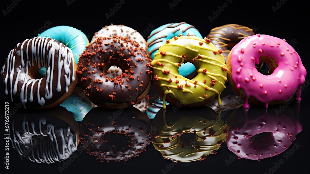 Poster a group of doughnuts sitting next to each other on top of a black surface with a reflection on the g