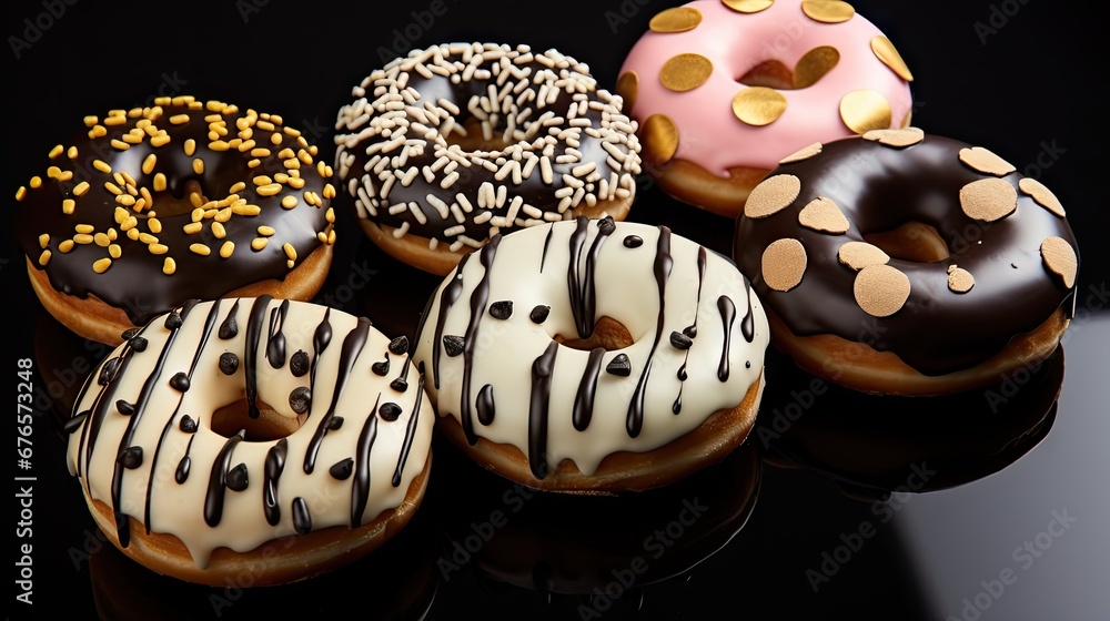 Poster a group of doughnuts sitting on top of a black table covered in frosting and sprinkles. generative a