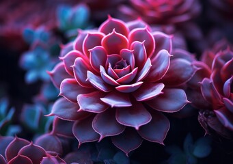 Striking image of a red and green succulent with sharp leaf edges glistening with dew
