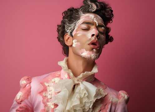 Portrait of a man with cake creatively smashed on his face and ruffled collar