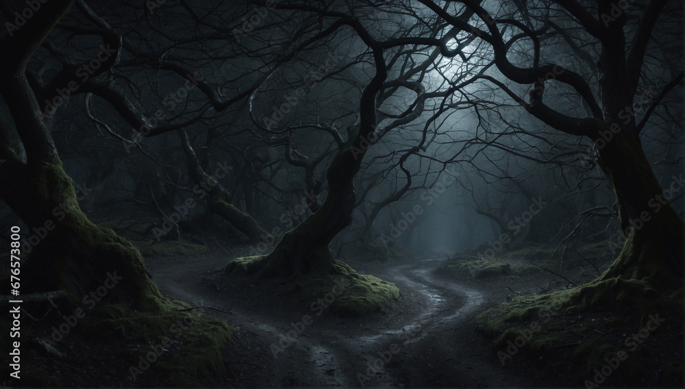 Poster a winding path through a dark and eerie forest, illuminated only by the faint glow of moonlight filt