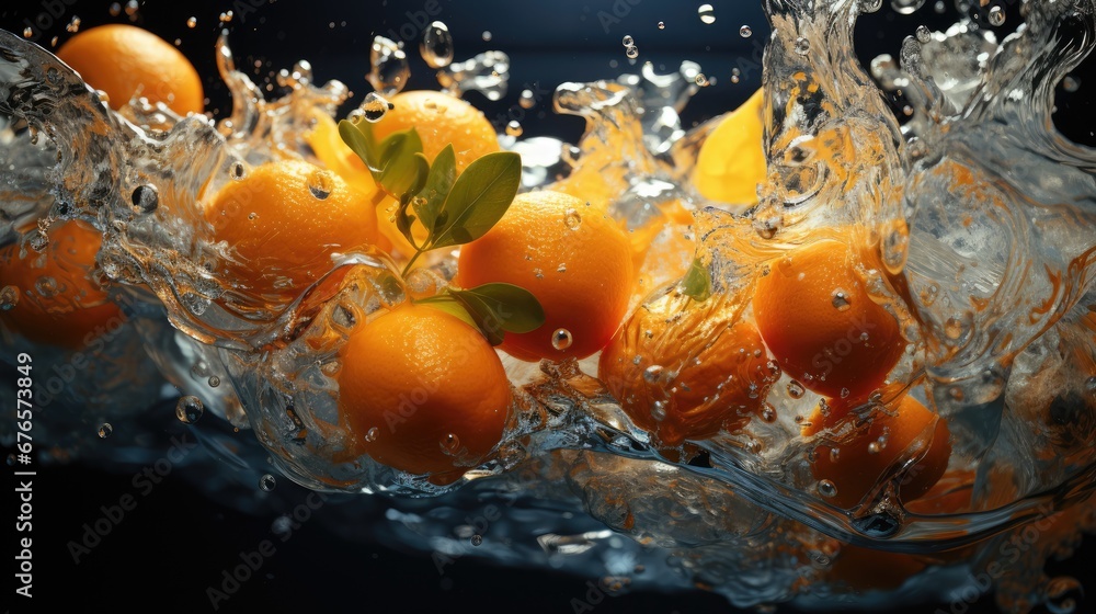 Poster a group of oranges floating in water with leaves sticking out of the top of one of the oranges. gene